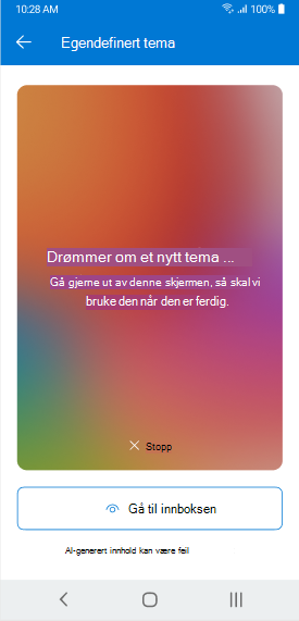 En skjerm som viser et tema av Copilot som genererer på Outlook Mobile
