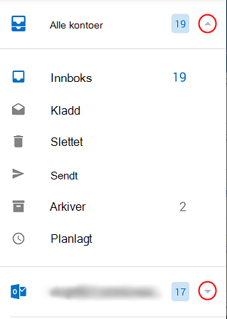 Vis Outlook-mapper med innsirklede rullegardinpiler på høyre side av skjermen.