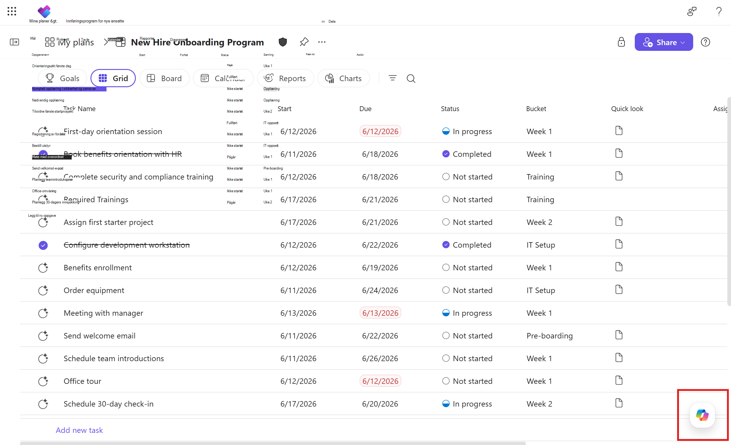 Skjermbilde av Microsoft Planner som viser Copilot-knappen nederst i hjørnet av skjermen.