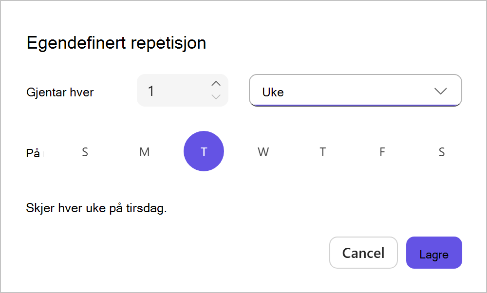 Egendefinerte gjentakelsesalternativer over en periode på uker
