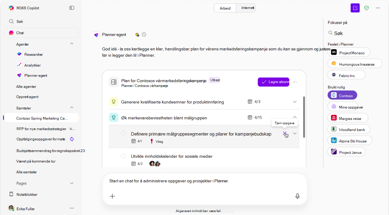 Skjermbilde som viser Planner-agenten som redigerer KI-forslag i utkastmodus.