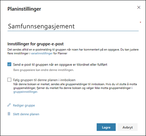 Skjermbilde: Viser innstillingen Send e-post til plangruppen... for planinnstillingene
