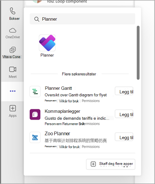 Finn Planner-appen i Teams ved å velge alternativet Vis flere apper og søke etter Planner i søkefeltet.