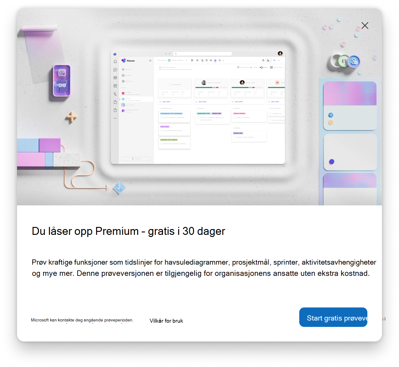 Skjermbilde av en dialogboks som annonserer en gratis 30-dagers Premium prøveversjon, med en forhåndsvisning av prosjekttavlen i Planner-stil og en Start gratis prøveversjon-knapp.