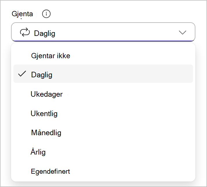 Rullegardinmeny som viser alternativer for regelmessighetsfelt