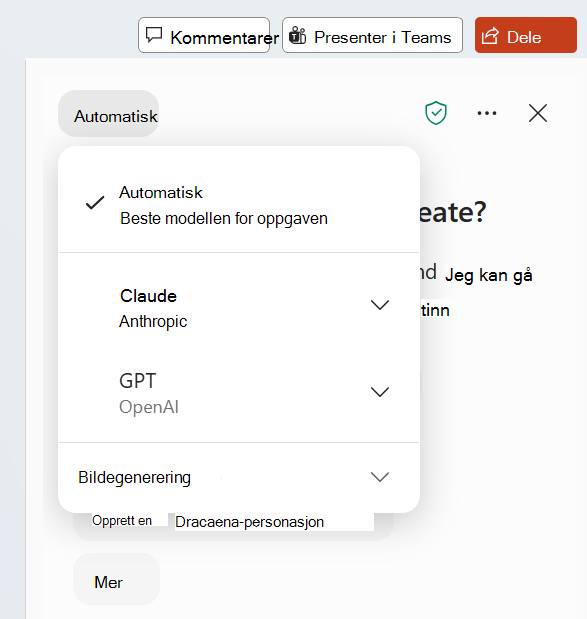 Skjermbilde som viser KI-modellvelgeren i Copilot Chat.