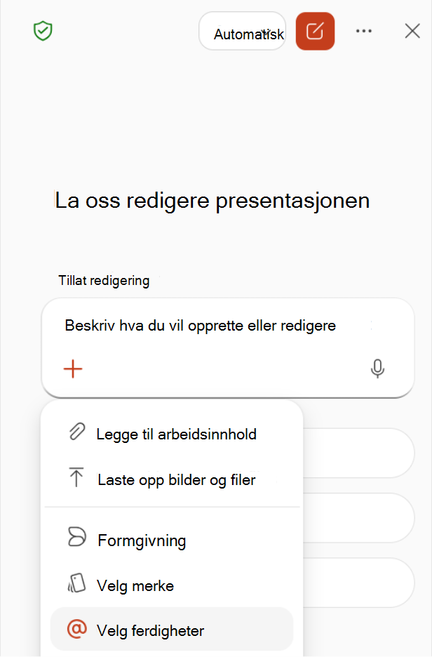 Skjermbilde som viser valg av Velg ferdigheter fra plussmenyen i Copilot-ruten.