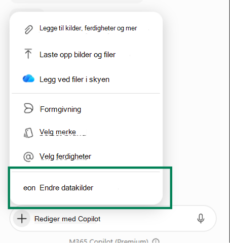 Skjermbilde som viser valg av Endre datakilder fra Copilot-menyen i PowerPoint.