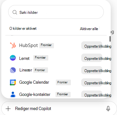 Skjermbilde som viser koblingslisten med tilgjengelige datakilder og Koble til-knapper i PowerPoint.