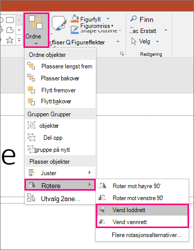 Viser alternativene ordne > rotering > av vending i PowerPoint.