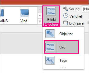 Viser Effektalternativer-menyen for Transformasjon-overgang med ord som er valgt.
