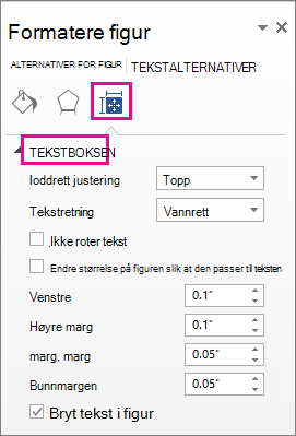 Tekstboksalternativer i Formater figur-ruten