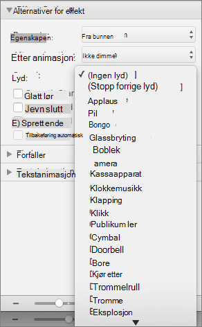 Skjermbilde som viser effektalternativer-inndelingen i animasjoner-ruten med lyd-menyen utvidet.