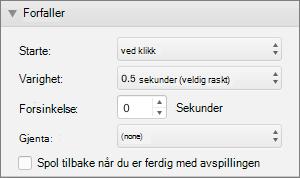 Skjermbilde som viser tidsberegningsdelen av animasjoner-ruten med alternativene Start, varighet, forsinkelse og gjenta, og en avmerkings boks for Spol tilbake når du spiller av.