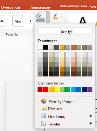 Skjermbilde som viser alternativene som er tilgjengelige fra Figurfyll-menyen, inkludert Uten fyll, Temafarger, Standardfarger, Flere fyllfarger, Bilde, Gradering og Tekstur.