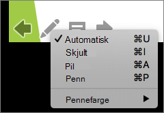Skjermbilde som viser alternativene som er tilgjengelige for pekeren som brukes i en lysbildefremvisning. Alternativene er Automatisk, Skjult, Pil, Penn og Pennefarge.