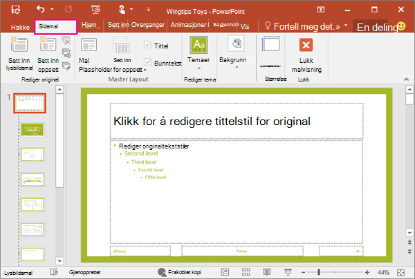 Viser lysbildeoppsett i lysbildemalvisning i PowerPoint