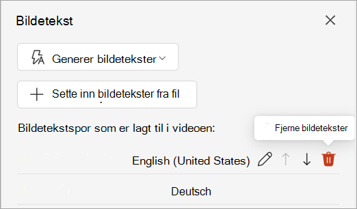 Fjern bildetekst-knappen for et bildetekstspor i Bildetekster-ruten.