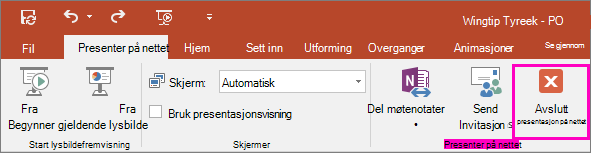 Viser knappen Avslutt presentasjon på nettet i PowerPoint