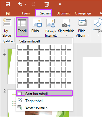 Viser alternativet Tabell på Sett inn-fanen på båndet i PowerPoint