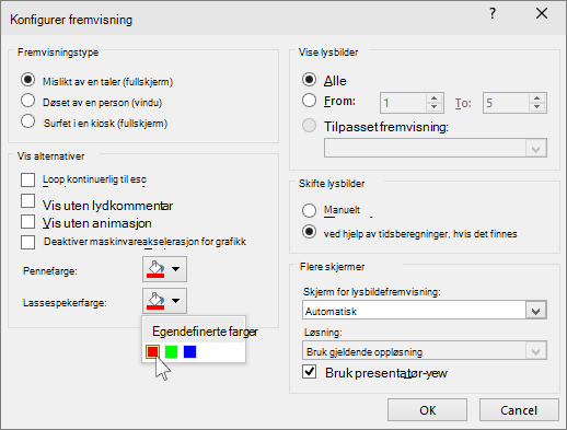 Viser alternativer for laserpeker i PowerPoint