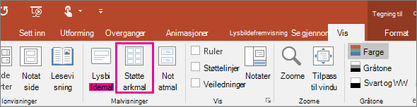 Viser Vis støttearkmal i PowerPoint