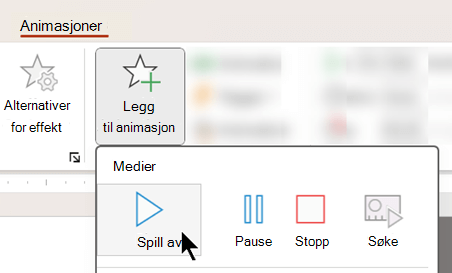 Skjermbilde som viser at du kan begynne å spille av lyd etter en forsinkelse ved å bruke animasjonsalternativer.
