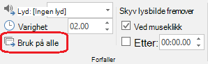 Kommandoen Bruk på alle i kategorien Overganger i PowerPoint