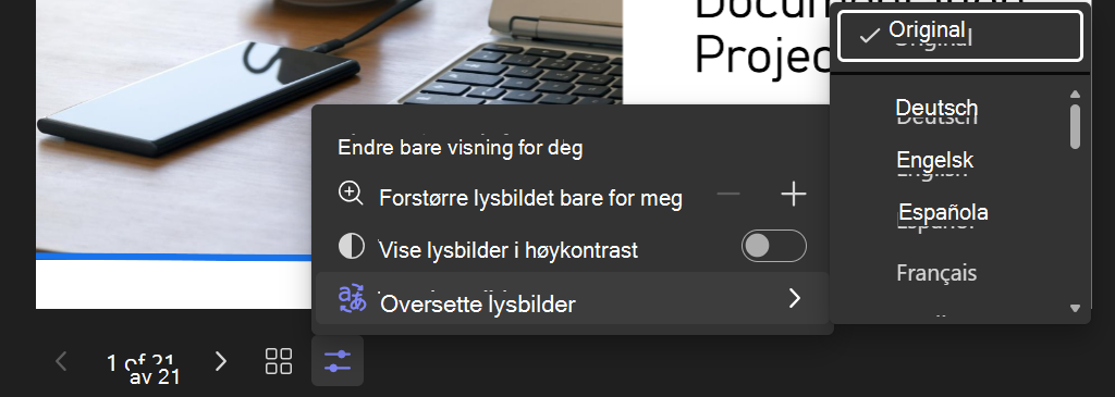 Skjermbilde av endre visning-alternativet i PowerPoint Live med Oversett lysbilder valgt og en språkliste vist.