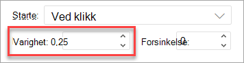 Varighet-feltet når du bruker en animasjon i PowerPoint på nettet.