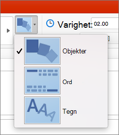 Viser Effektalternativer for Transformasjon-overgangen i PowerPoint 2016 for Mac