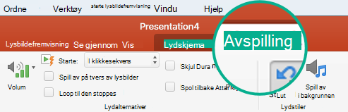 Når et lydklipp er utvalgt på et lysbilde, vises en Avspilling-fane på verktøylinjen for innstilling av videoavspilling.