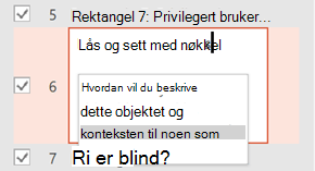 Skjermbilde som viser hvordan du skriver inn en alternativ tekstbeskrivelse for objektet som trenger den.