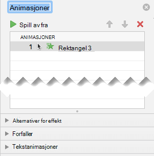 Animasjonsruten har alternativer for effekt, alternativer for tidsberegning og alternativer for teksteffekt