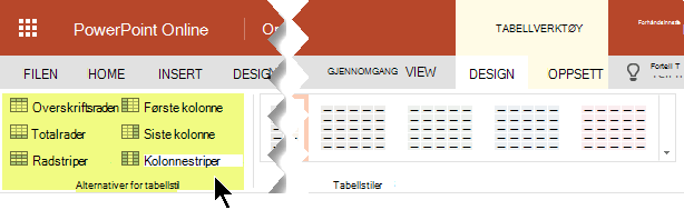 Du kan legge til skyggeleggingsstiler i bestemte rader eller kolonner i en tabell.