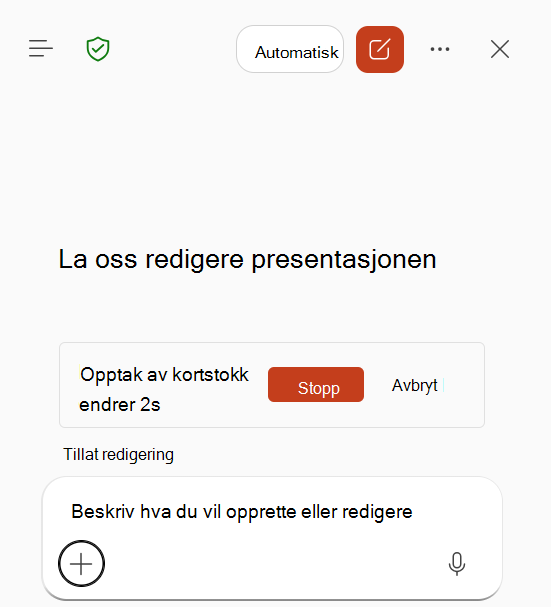 Skjermbilde som viser ferdighetsregistrering som pågår i Copilot i PowerPoint.