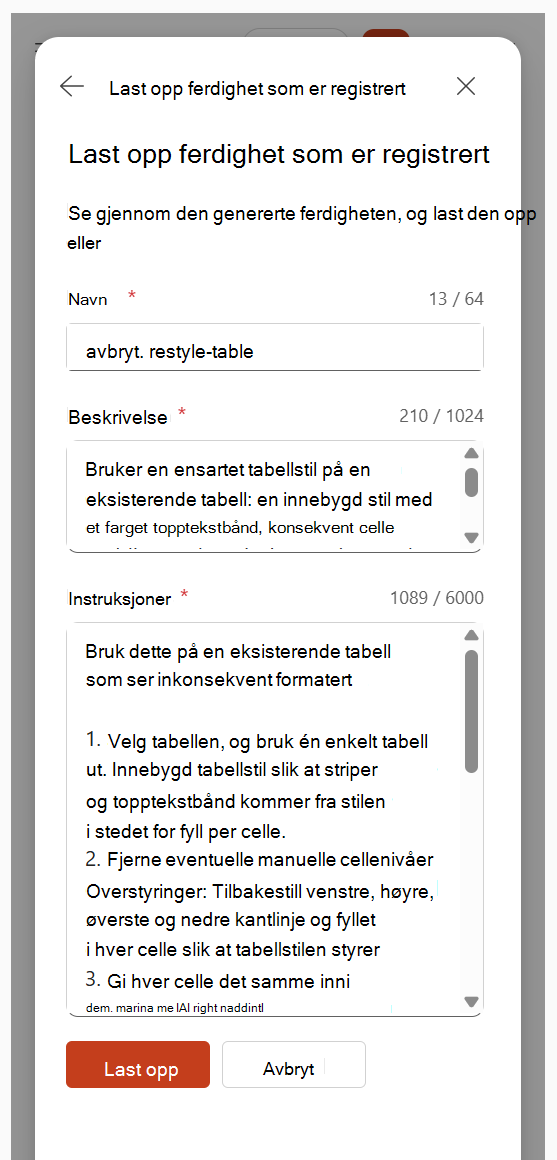Skjermbilde som viser gjennomgang av det genererte ferdighetsnavnet, beskrivelsen og instruksjonene før opplasting.