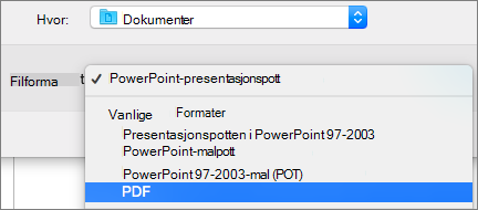 Viser PDF-alternativet i Filformater-listen i dialogboksen Lagre som i PowerPoint 2016 for Mac.