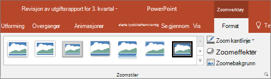Viser forskjellige zoom-stiler og -effekter som du kan velge i Format-fanen i PowerPoint.