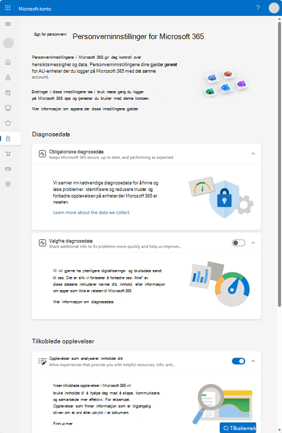 En side for personverninnstillinger for Microsoft 365 med alternativer for å kontrollere diagnosedata og tilkoblede opplevelser.