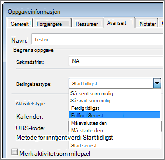 Dialogboks for Aktivitetsinformasjon, Betingelsestype-meny