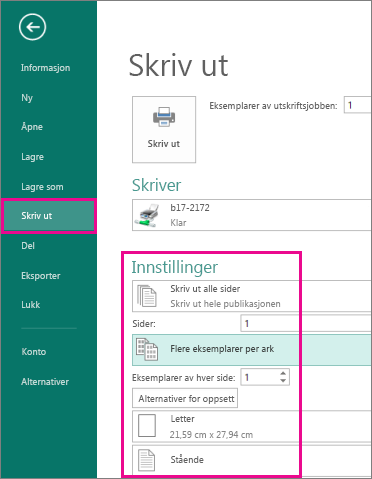 Klikke Skriv ut på Fil-menyen for å vise innstillinger for utskrift i Publisher 2013