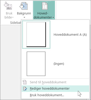 Skjermbilde av rullegardinmenyen Rediger hoveddokumenter i Publisher.