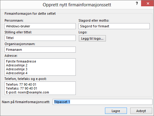 Skjermbilde av dialogboksen Opprett nytt firmainformasjonssett.