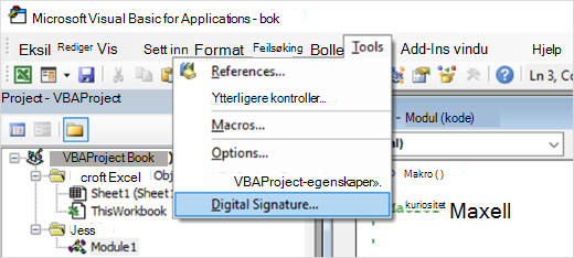 Skjermbilde av valg av digital signatur