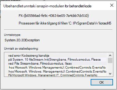 Hendelsesliste-dialogboks som viser et ubehandlet unntak i en snapin-modul for administrert kode