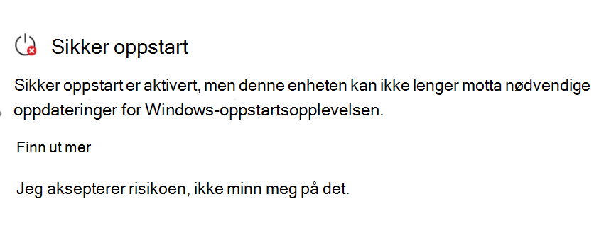 Sikker oppstart-delen som viser statusen Krever handling med et rødt stoppikon.