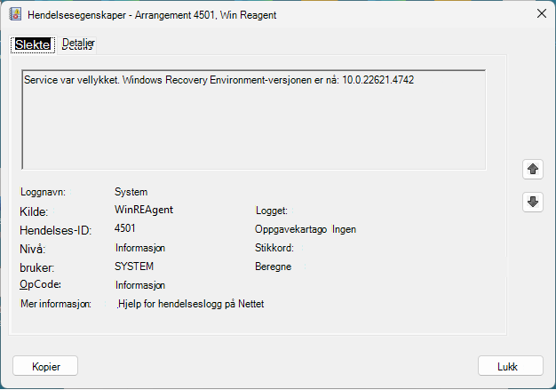 WinRE Event Properties