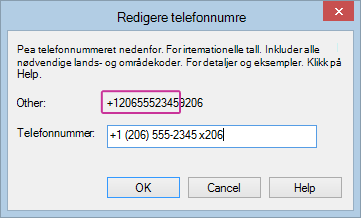 Rediger telefonnummer i Lync med internnummeret lagt til