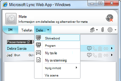 Del-menyen i Lync Web App